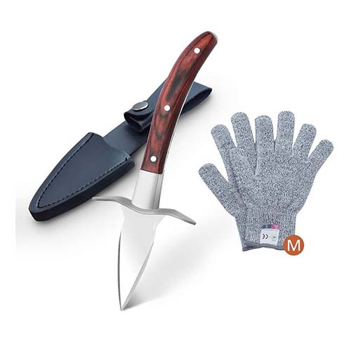 Oyster Shucking Knife Stainless Steel with Gloves and Leather Sheath